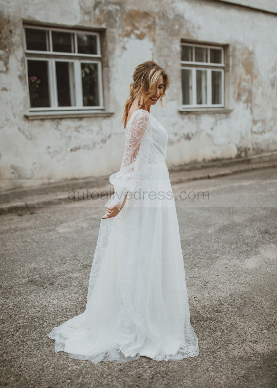 Deep V Neck Ivory Lace Tulle Romantic Wedding Dress